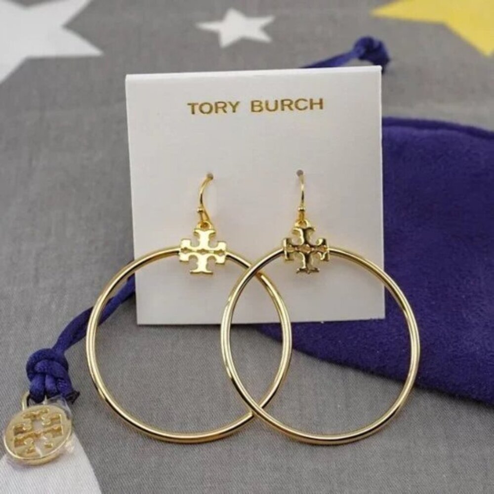 Tory Burch Stacked-T Gold Hoop Earrings (Brand New)